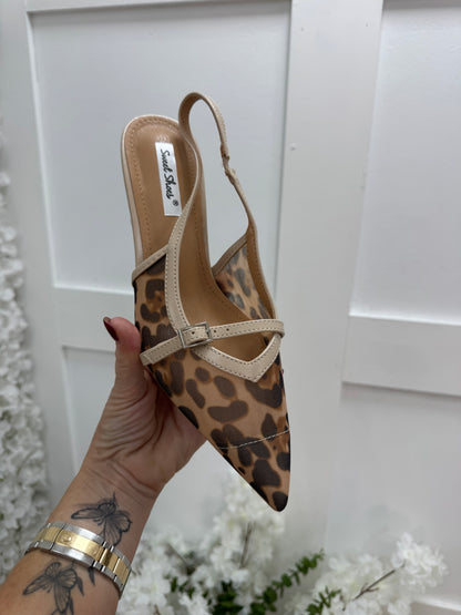 Zola: Leopard print kitten heel sling back shoes. Sizes: 3-8