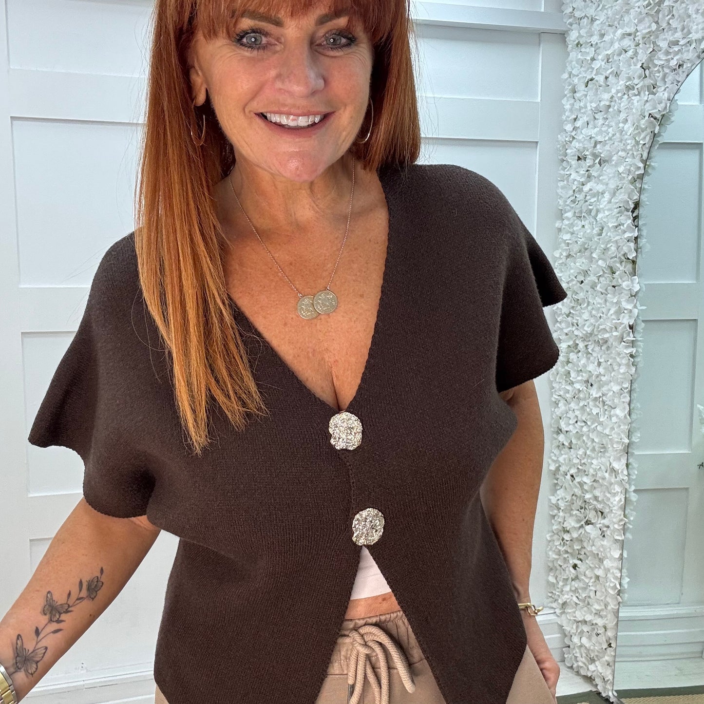 Sammi: Brown V neck gold button top. One size: 10-16