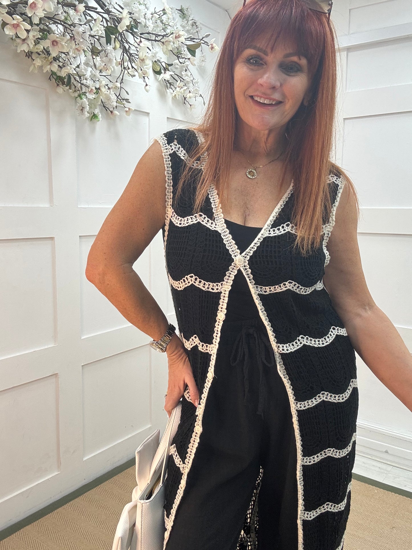 Cici: Black longline crochet waistcoat. One size: 10-14