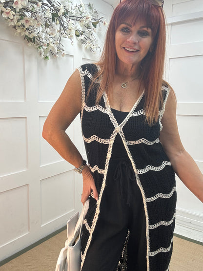 Cici: Black longline crochet waistcoat. One size: 10-14