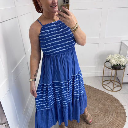 Serena: Cobalt strappy striped midi dress. One size: 10-14