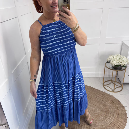 Serena: Cobalt strappy striped midi dress. One size: 10-14