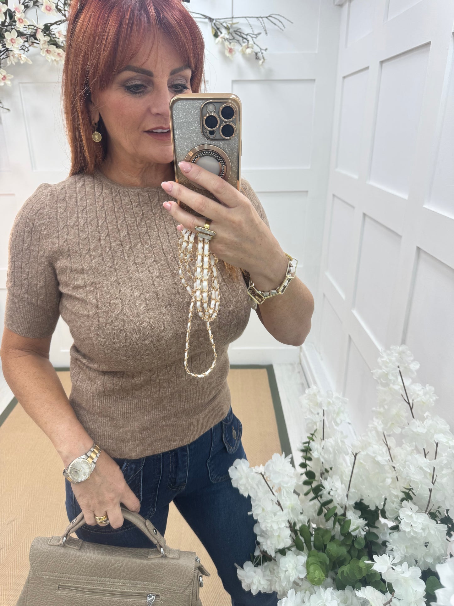 Pip: Mocha short sleeve soft knit top. One size: 10-14
