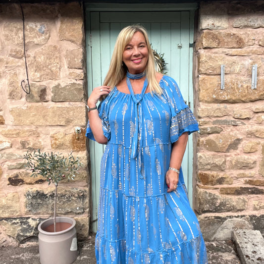 Candy: Blue gold foil maxi dress with belt. One size: 14-22