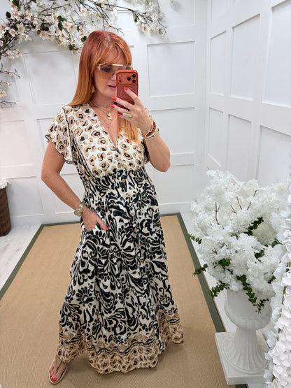 Charley: Leopard print V neck stretchy maxi dress. One size: 10-18. 3 colours