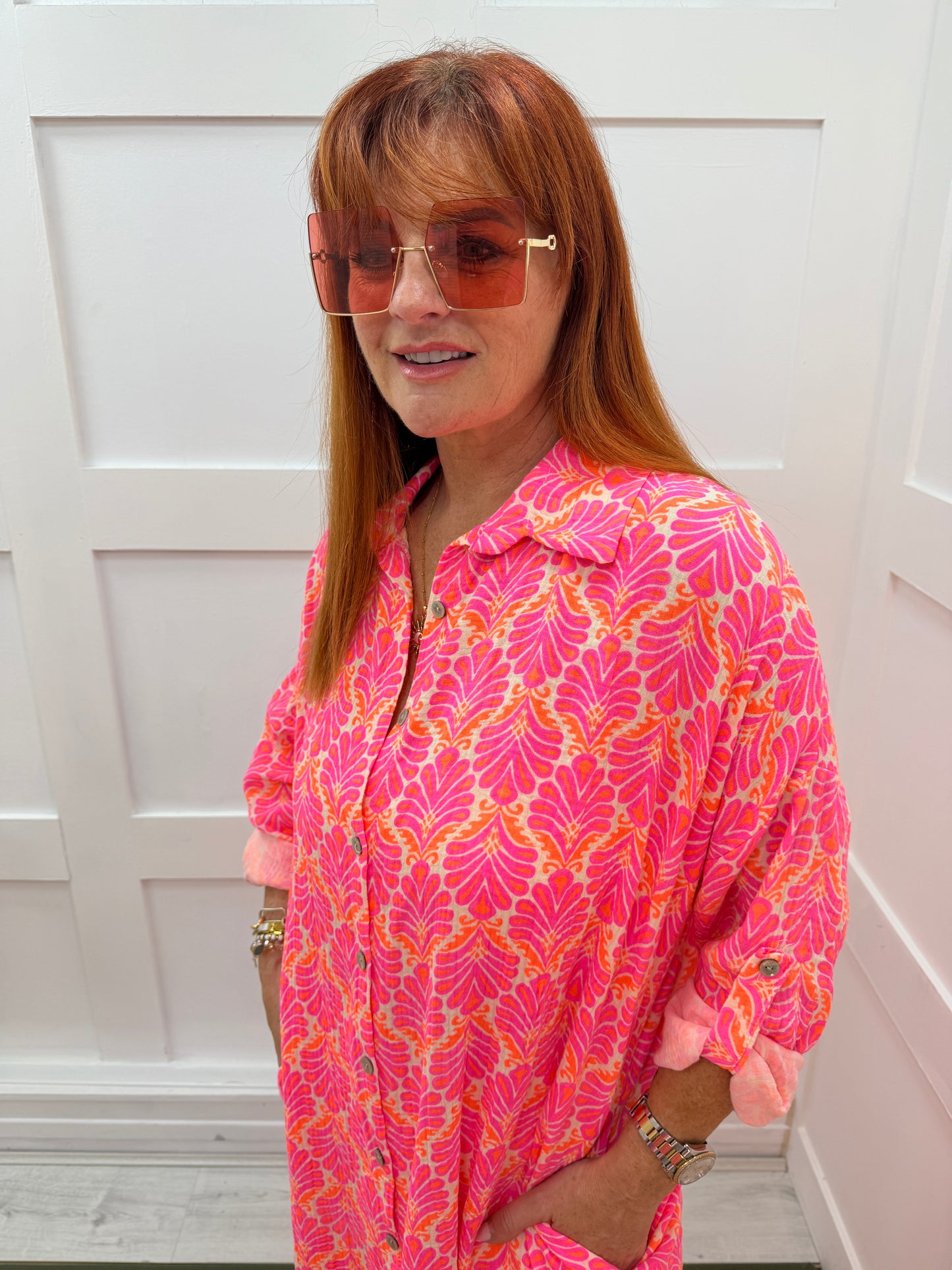 Didi: Printed cheesecloth shirt dress. One size: 12-18. 2 colours