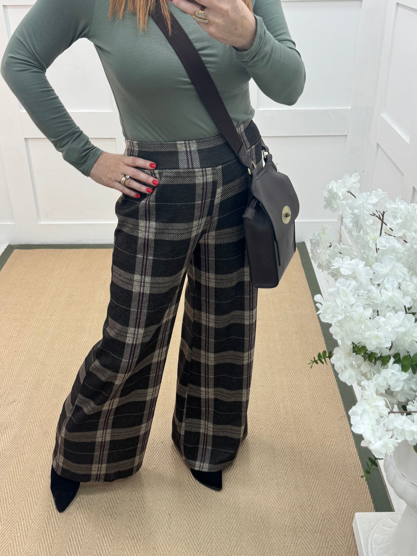 Tamara: Khaki wide leg tartan check trousers. One size 10-16