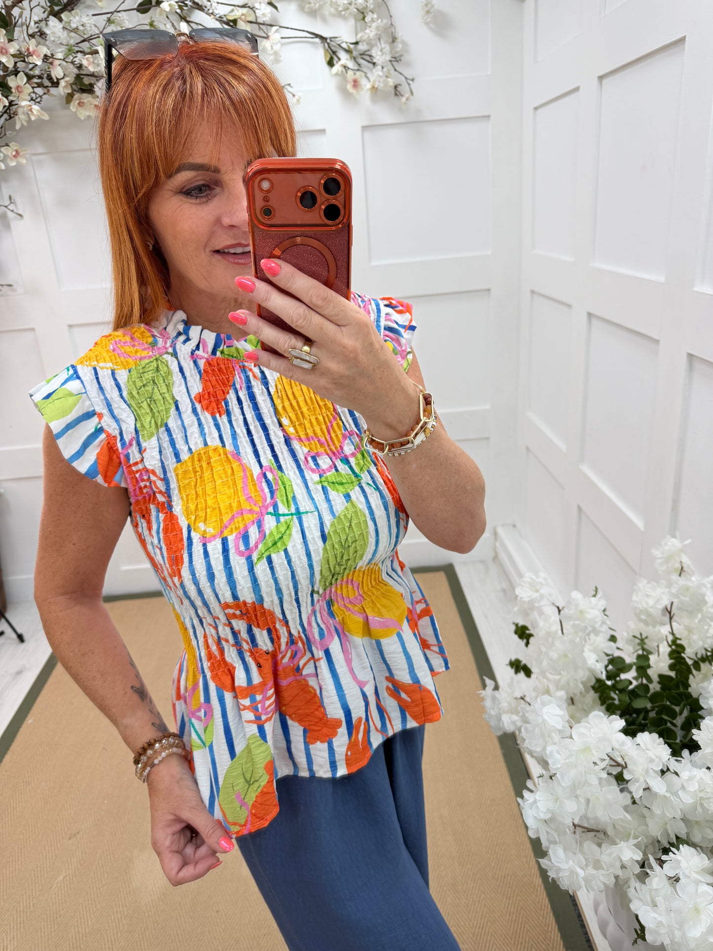 Faye: Lobster cap frill sleeve shirred top. One size: 10-16. 3 colours
