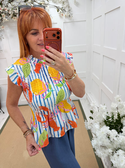 Faye: Lobster cap frill sleeve shirred top. One size: 10-16. 3 colours