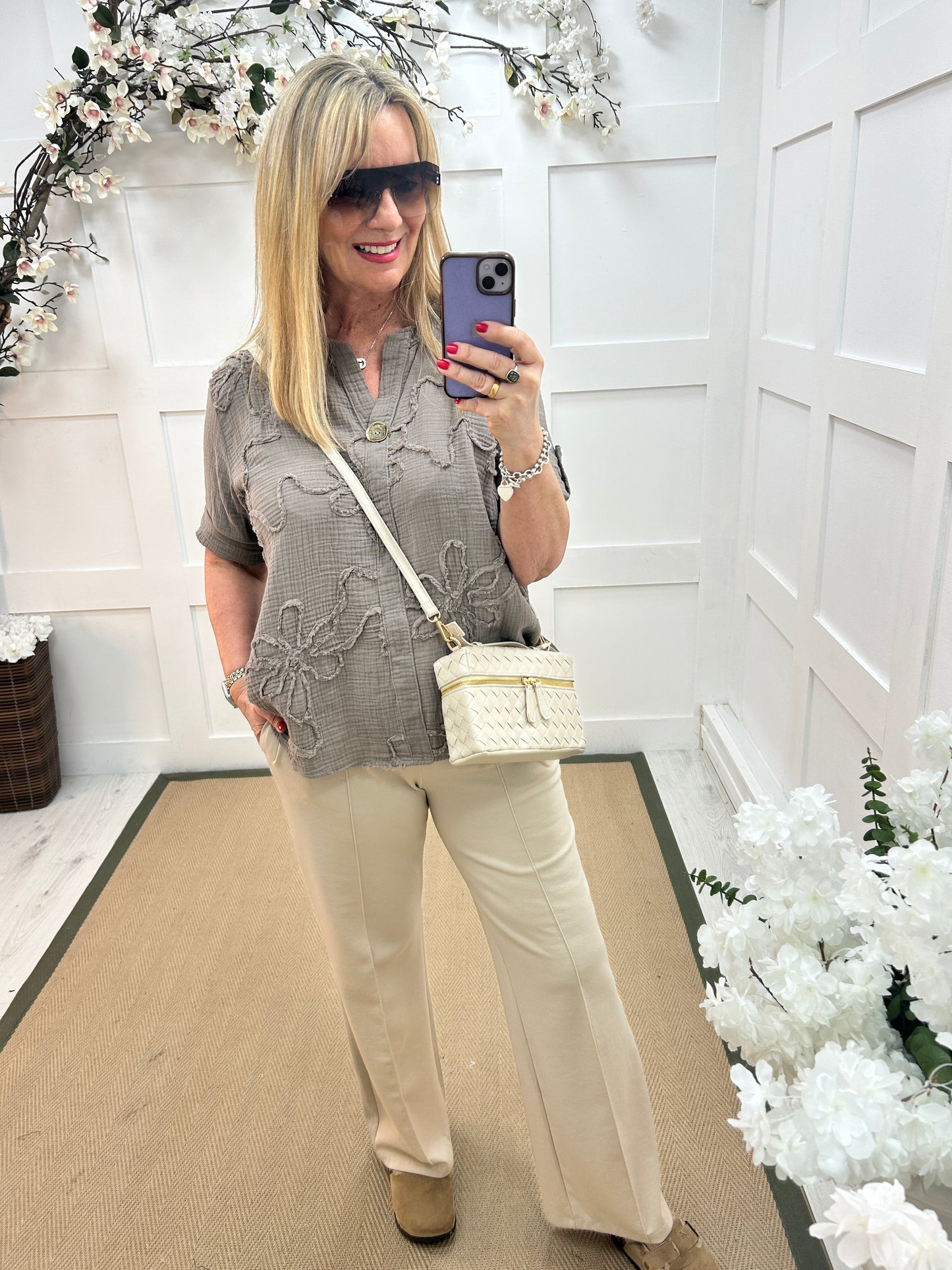 Eden: Mocha cotton floral embroidered top. One size: 12-18