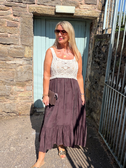 Carly: Cream crochet top maxi dress. One size: 10-16. 3 colours