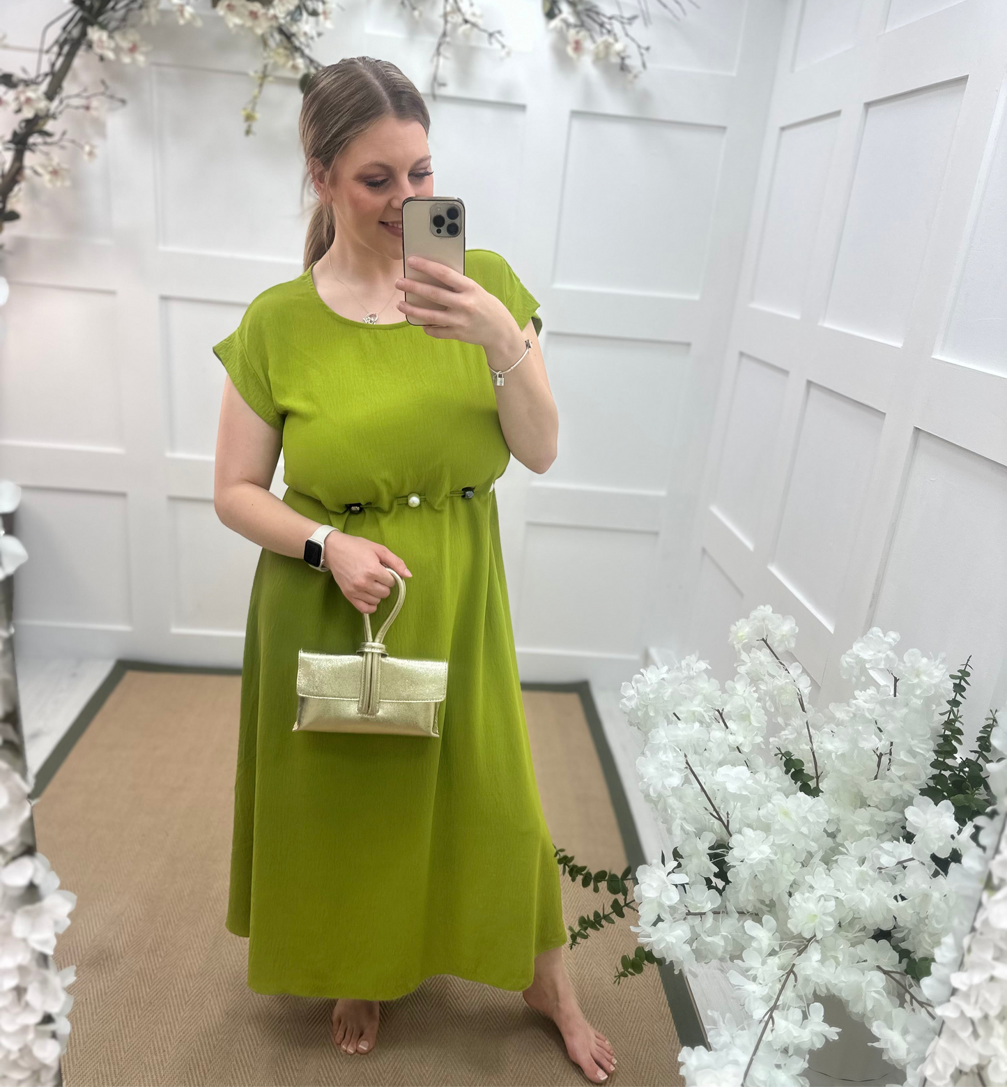 Delilah: Green beaded waist maxi dress. One size 12-20
