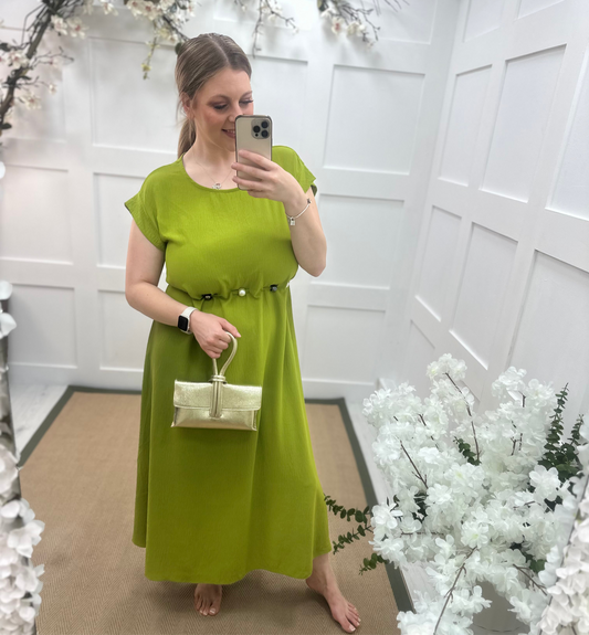 Delilah: Green beaded waist maxi dress. One size 12-20