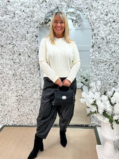 Cora: White ribbed sparkle knit. One size: 12-18