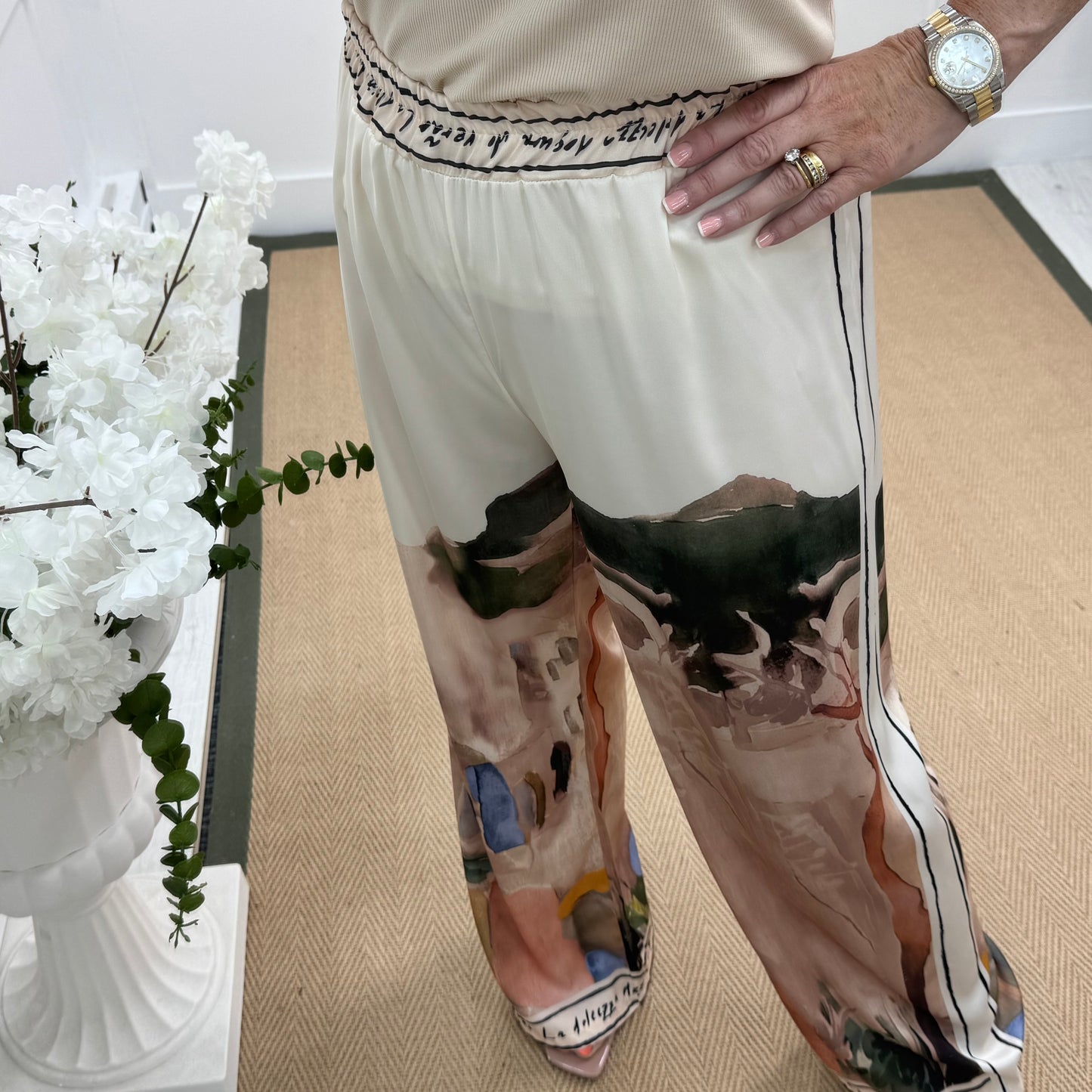 Sophia: Cream silk Amalfi wide leg trousers. One size: 10-16