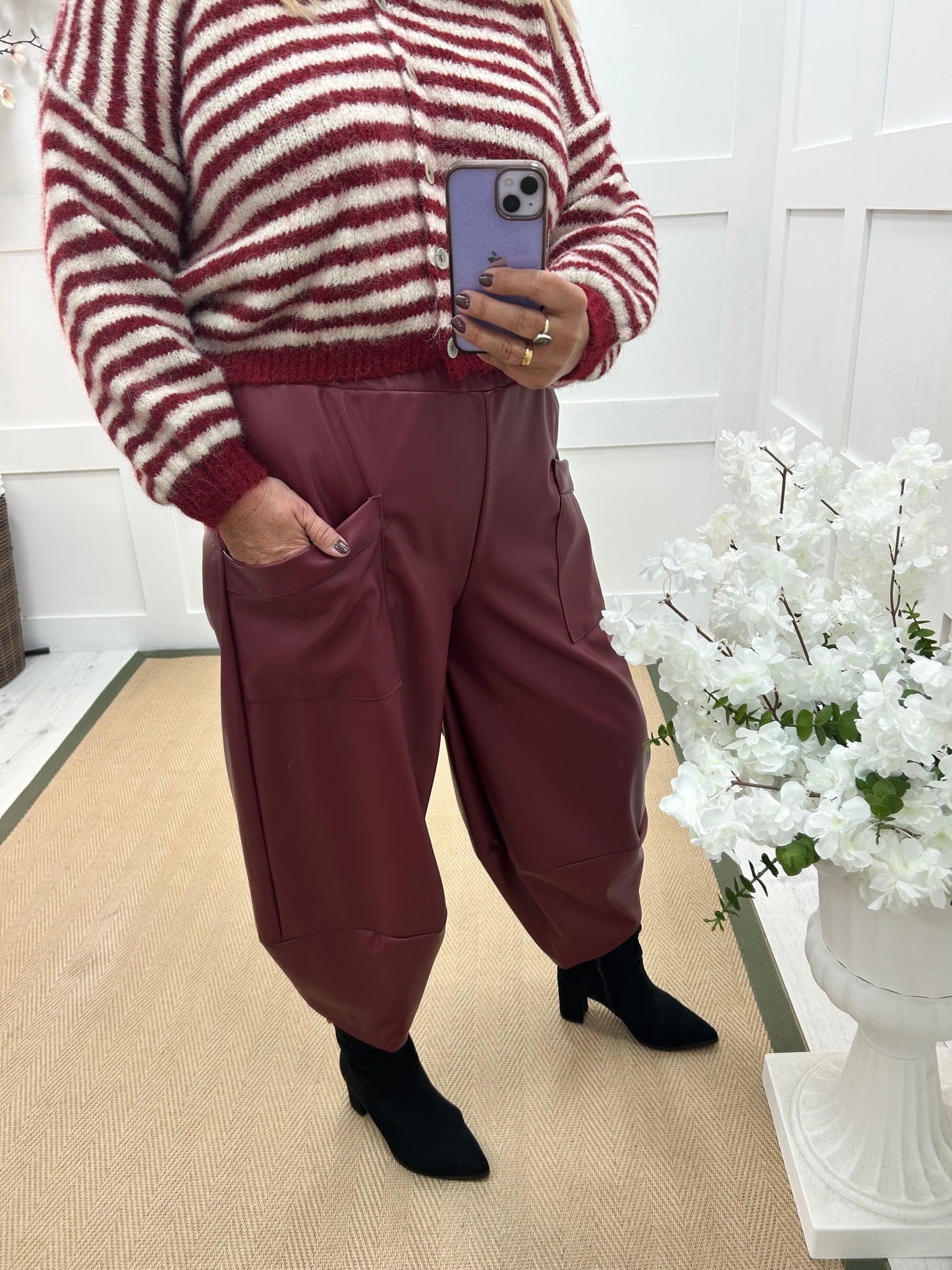 Drew: Burgundy faux leather cocoon trousers. One size: 12-18