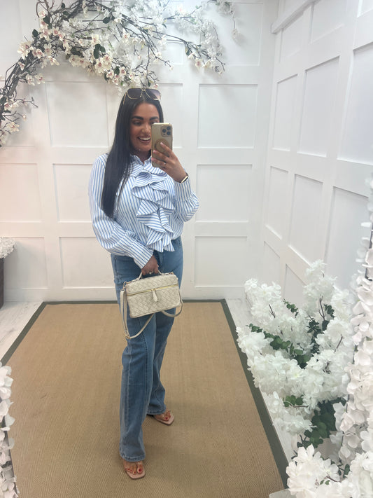 Cassidy: Blue striped ruffle blouse top. One size 10-14