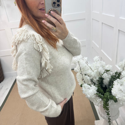 Carmel: Cream fringe knitted top. One size: 10-16