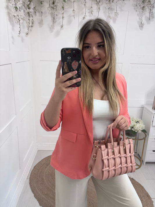 Misha: Small baby pink weave tote bag