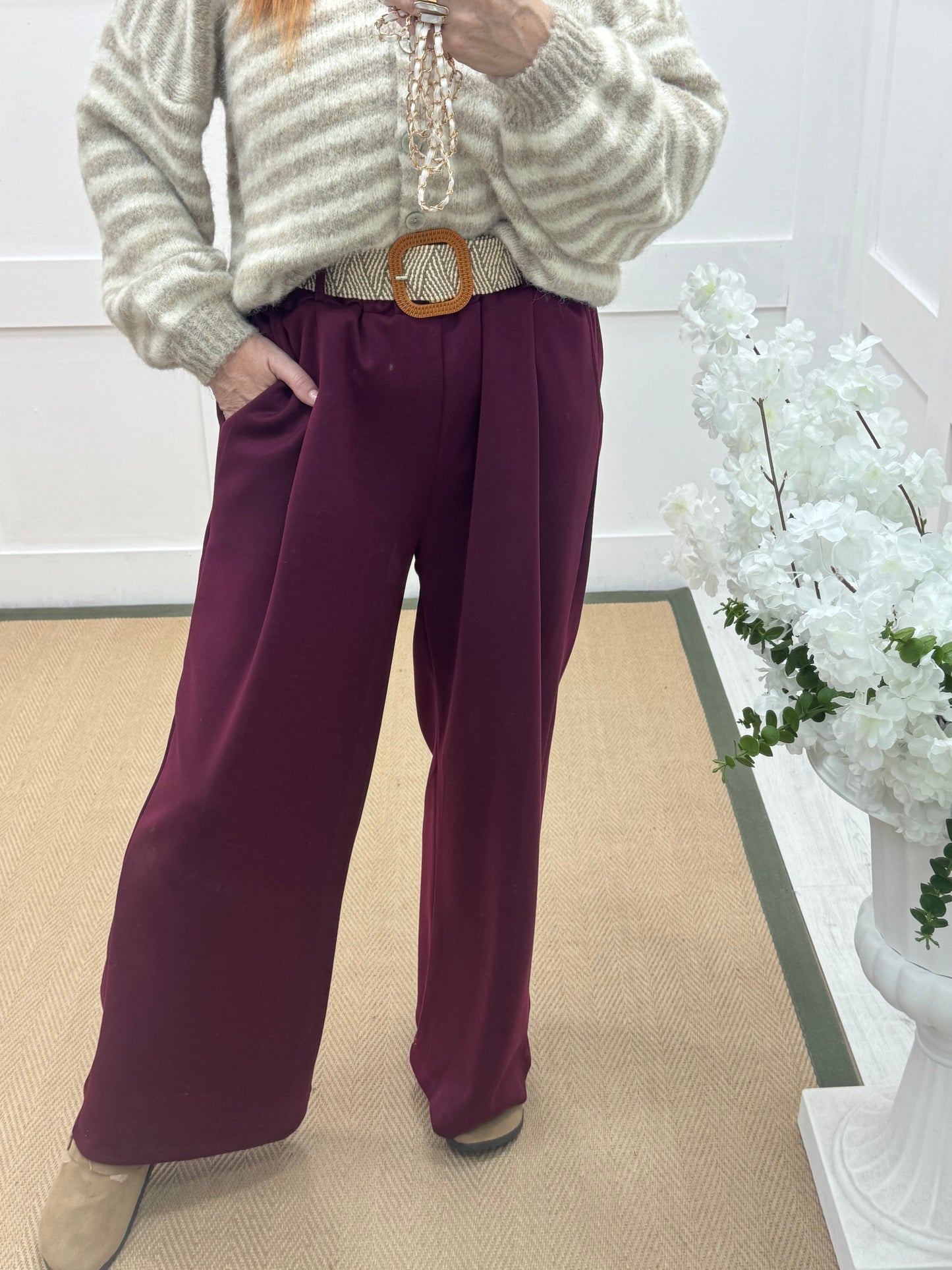 Ellis: Burgundy stretchy wide leg belted trousers One Size: 14-20