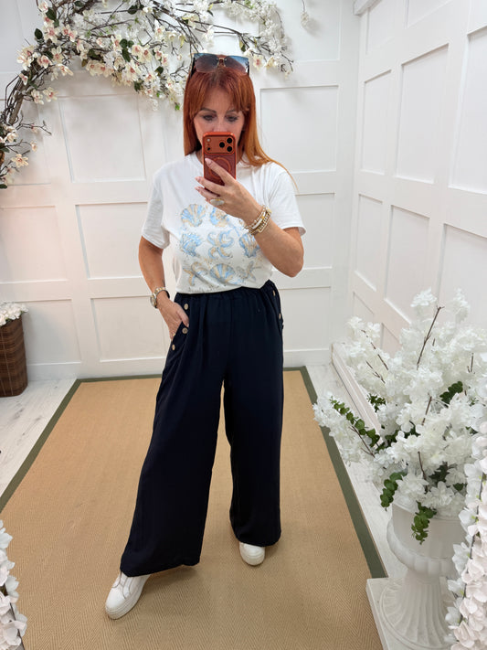 Bethany: Buttoned wide leg trousers with pockets. One size: 10-16. 2 colours