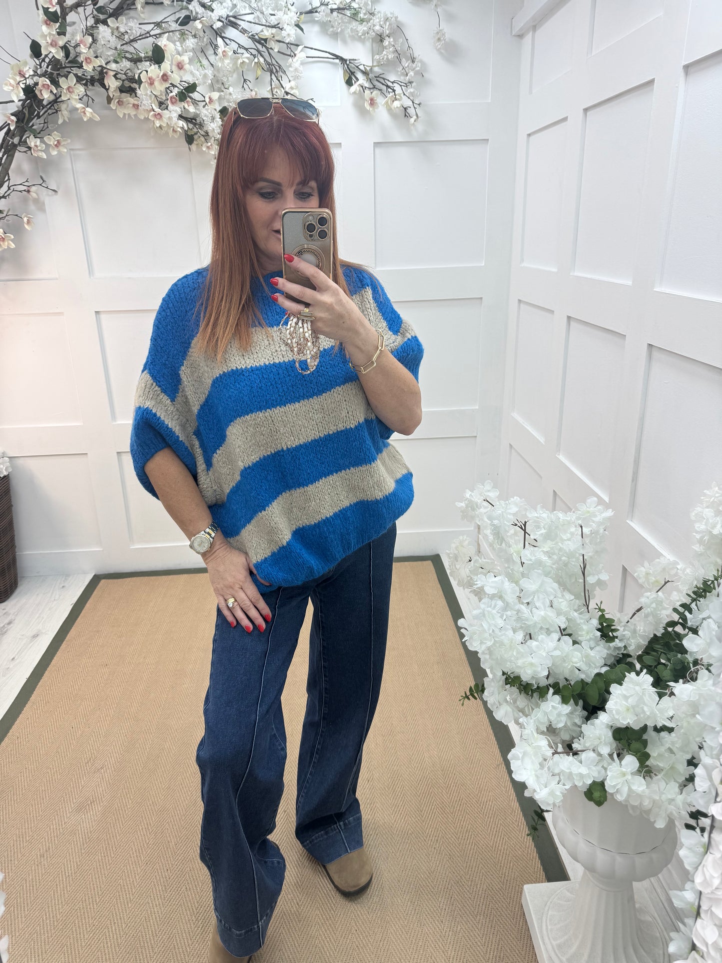 Mabel: Beige & cobalt slouchy jumper. One size 12-18/20