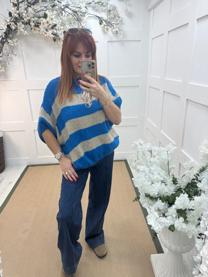 Mabel: Beige & cobalt slouchy jumper. One size 12-18/20