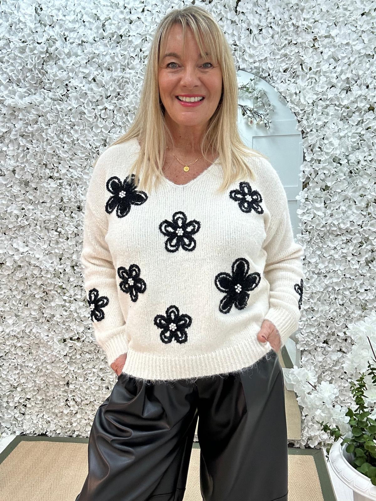 Jasmine: Cream floral knit jumper. Two sizes.