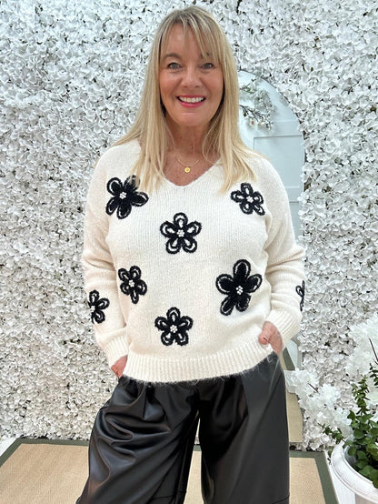 Jasmine: Cream floral knit jumper. Two sizes.