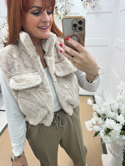 Effie: Cream teddy bear faux fur gilet. One size 8-14