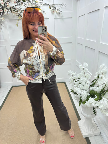 Steph: Silky brown Amalfi printed bomber jacket. One size: 8-18