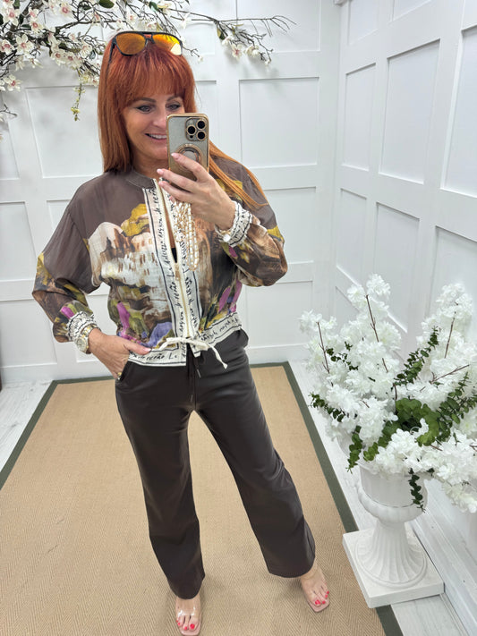 Steph: Silky brown Amalfi printed bomber jacket. One size: 8-18