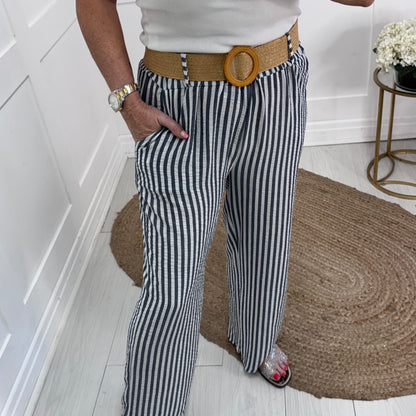 Tiff: Navy stripe wide leg belted trousers. One size: 8-14