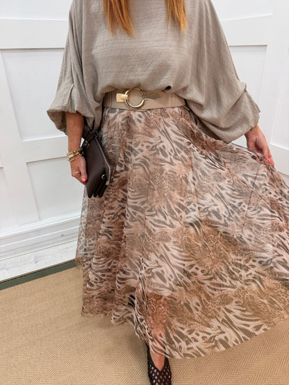 Zizi: Animal print lined tulle maxi skirt. One size: 10-18