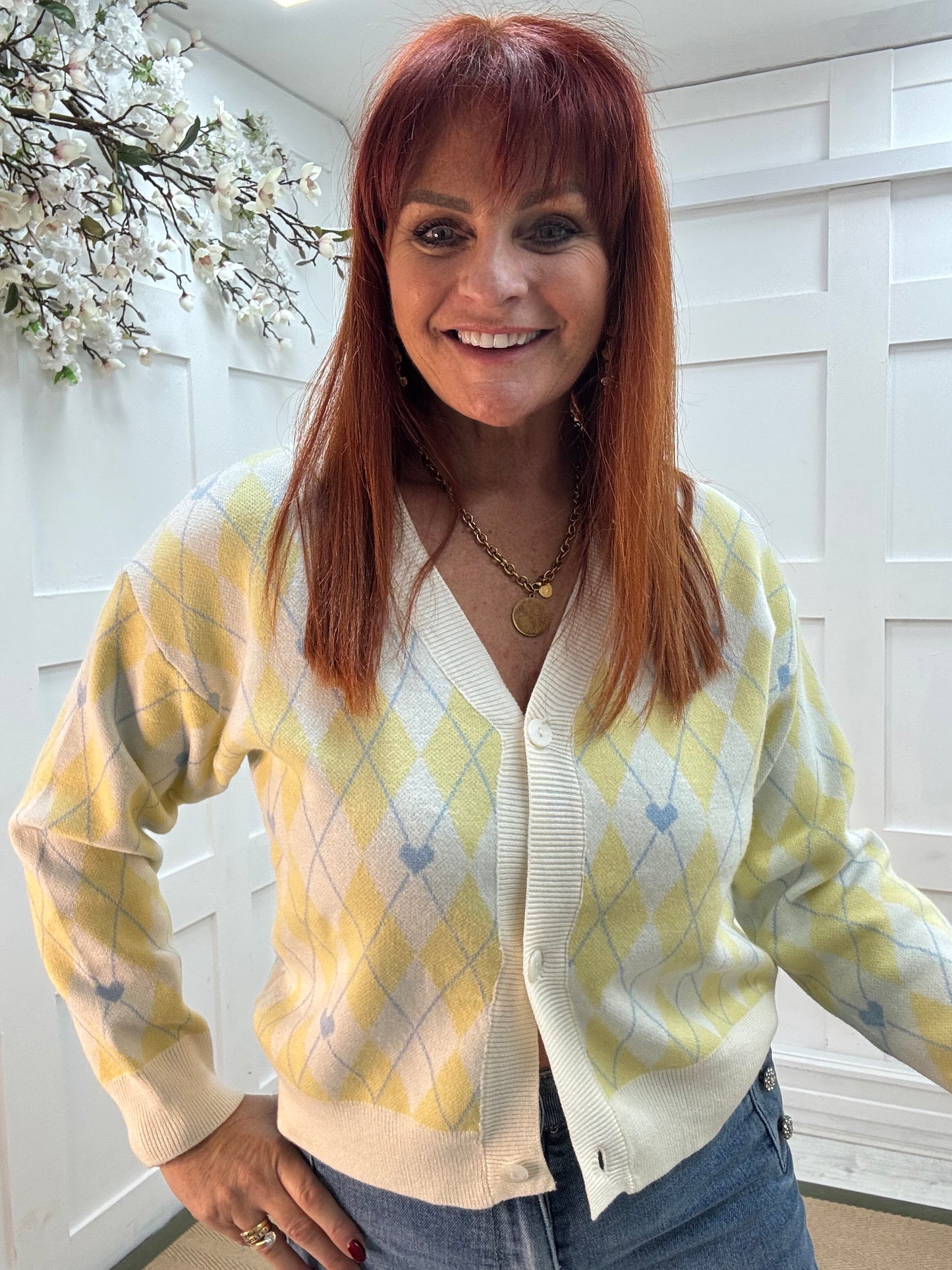 Poppy: Lemon heart argyle knit cardigan top. One size: 10-14