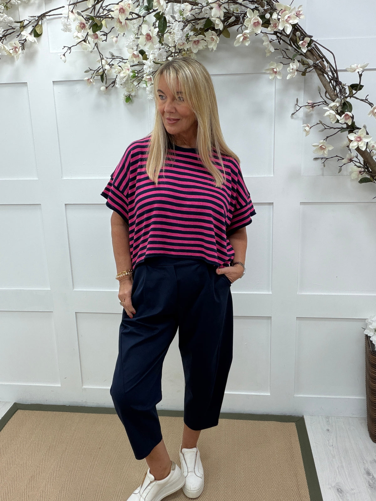 Suki: Short sleeve stripe knit top. One size: 12-18. 2 colours