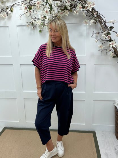 Suki: Short sleeve stripe knit top. One size: 12-18. 2 colours