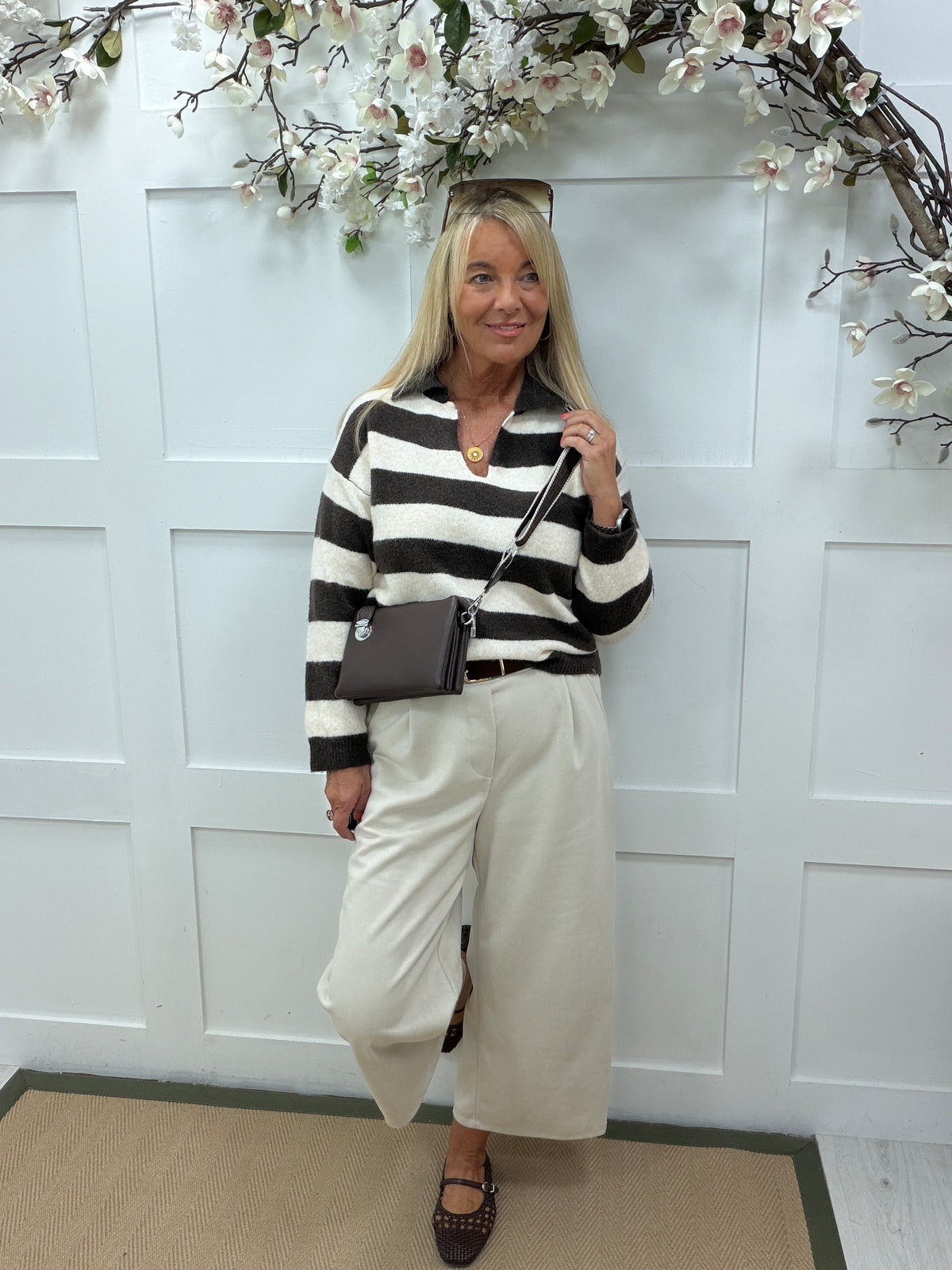 Solana: V neck collared long sleeve striped soft knit top. One size: 12-18. 2 colours