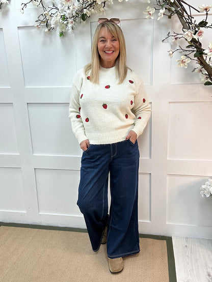 Suki: Cream strawberry embroidered knitted top. Two sizes.