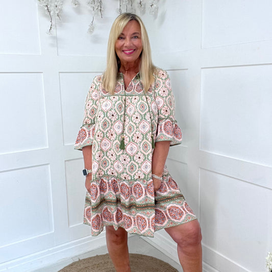 Honey: Khaki & peach print short dress. 3 sizes