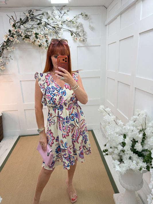 Millie: Cream & pink floral fluted sleeve midi dress. One size: 8-14