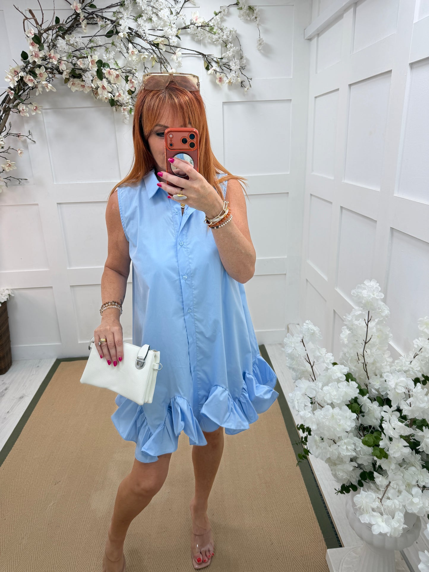 Millie: Sleeveless button front frill hem tunic dress. One size: 12–18. 4 colours