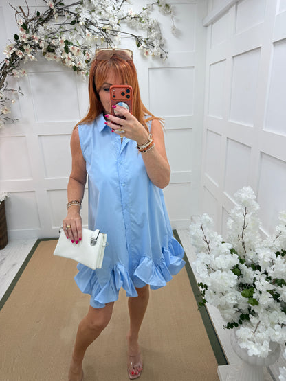 Millie: Sleeveless button front frill hem tunic dress. One size: 12–18. 4 colours