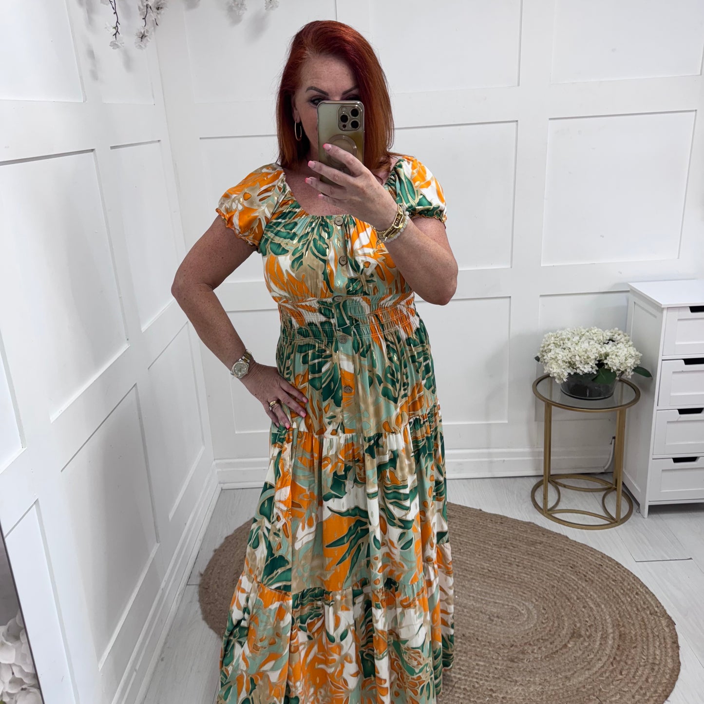 Elsa: Orange & green stretchy bardot maxi dress. One size: 10-20