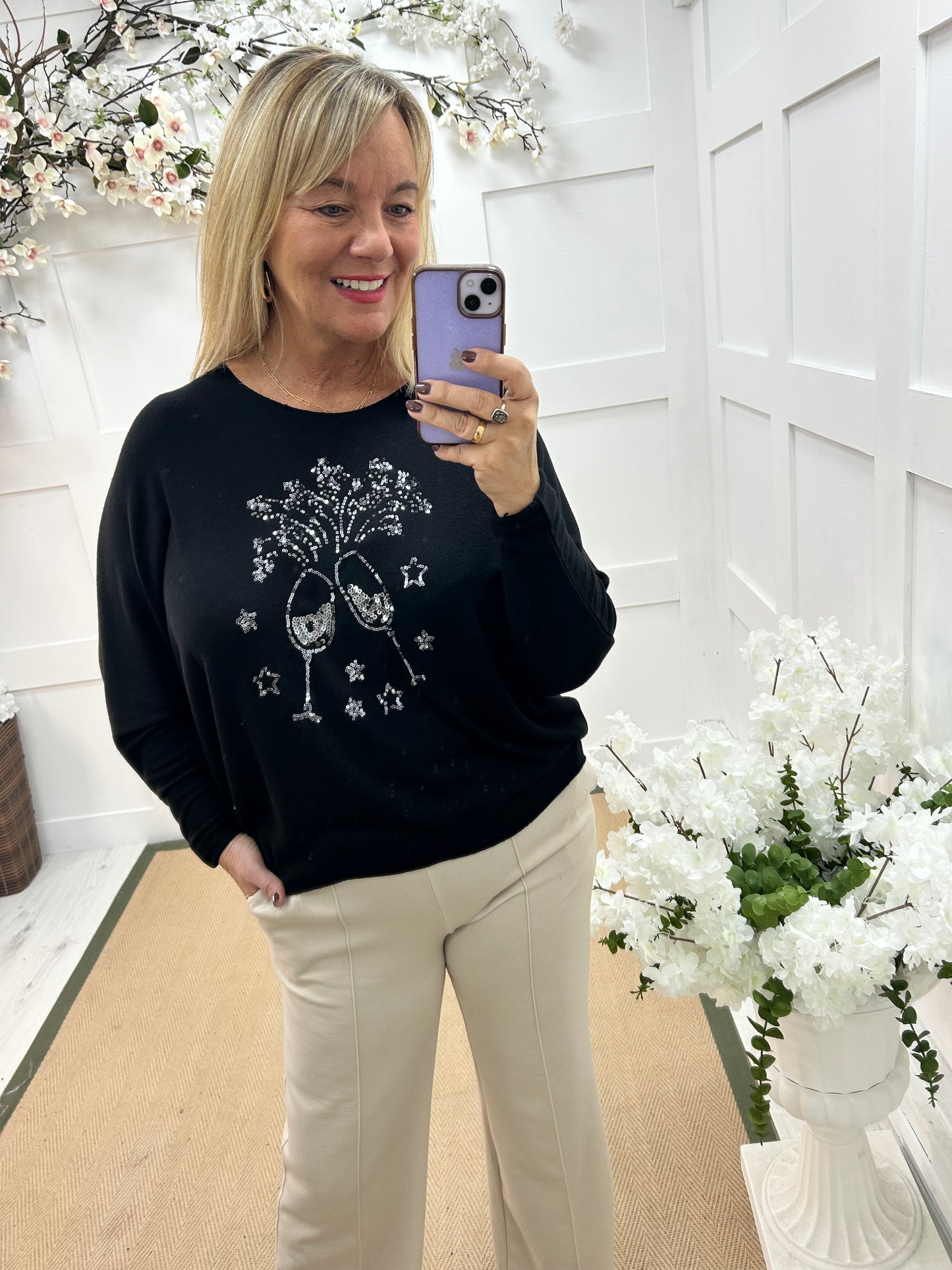 Cynthia: Black and silver wine glass sequin top. One size: 14-18