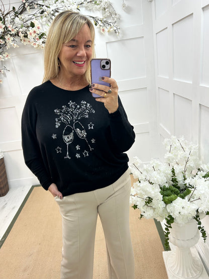 Cynthia: Black and silver wine glass sequin top. One size: 14-18