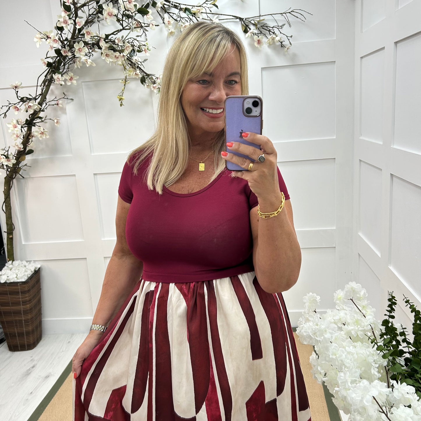 Willow: Burgundy & multicoloured T shirt dress . One size 10-18