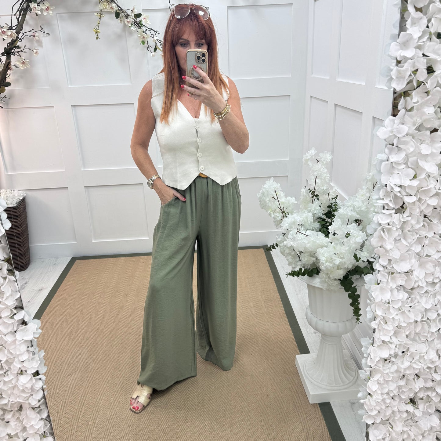 Tiggy: Khaki wide leg belted trousers. One size: 10-16