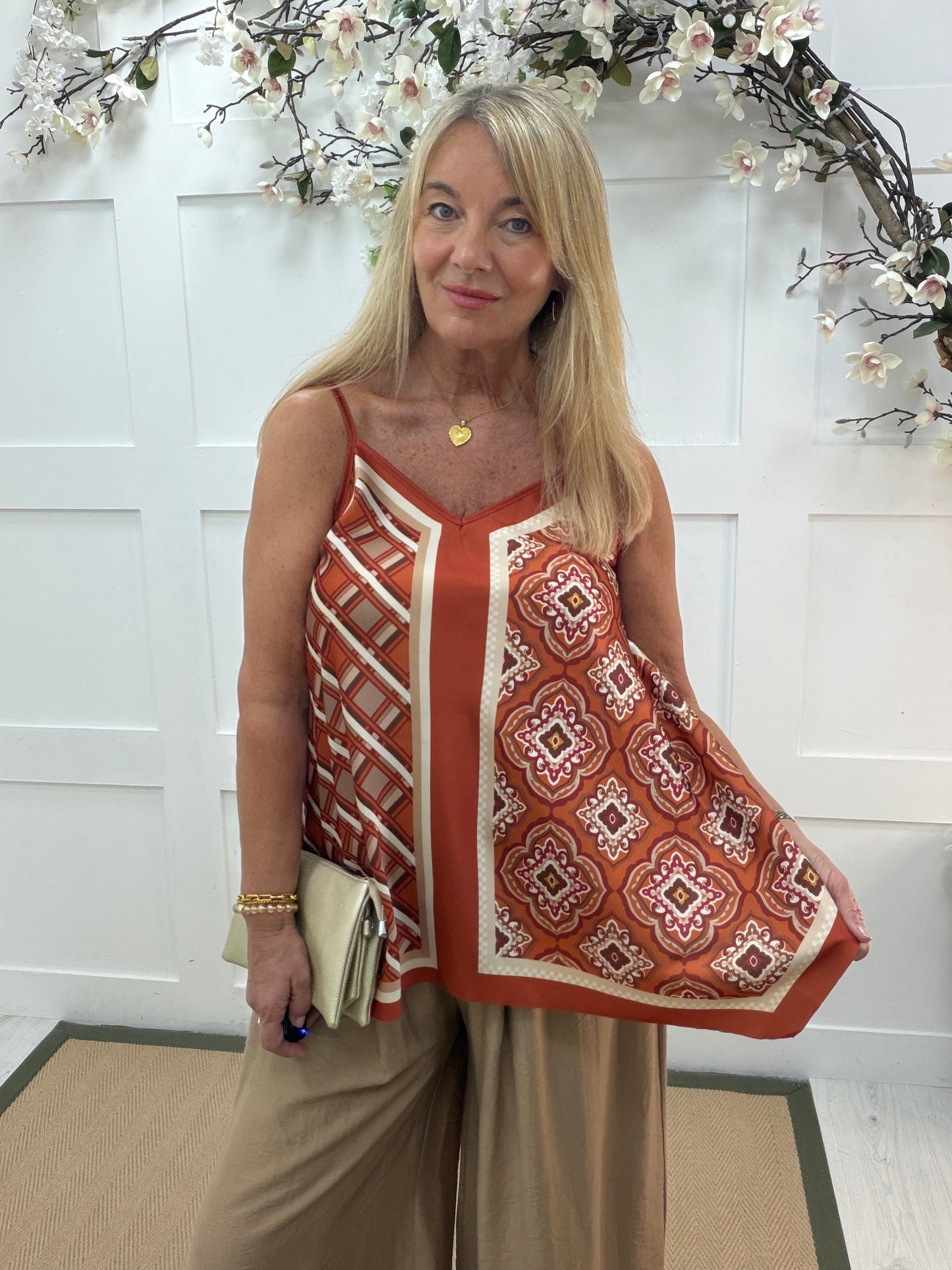 Tilly: Silky geometric printed V neck top. One size 10-16. 3 colours