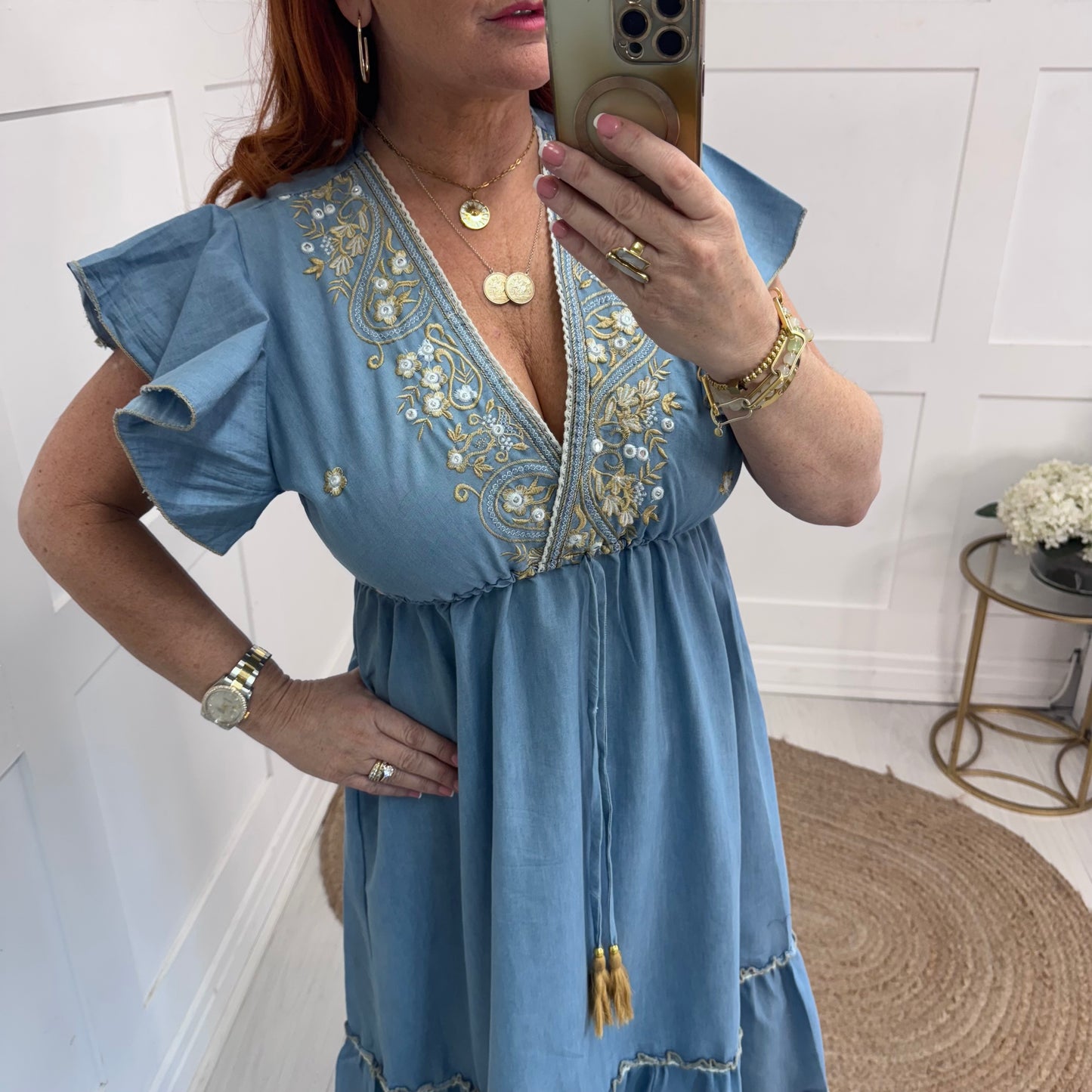 Cleo: Mid blue embroidered boho maxi dress. One size: